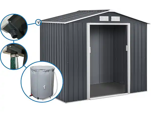 Acheter En Ligne Abri de jardin métal- "Vegas"- 2,7 m² avec gouttière et récupérateur d‘eau - Gris HABITAT ET JARDIN