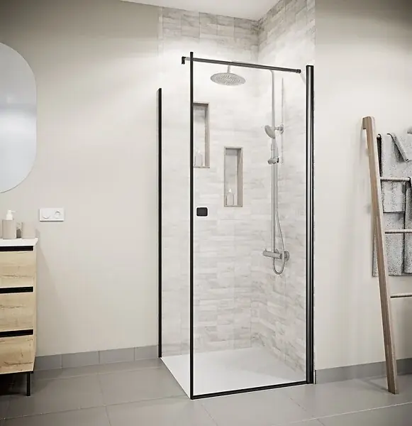 Porte de Douche Pivotante 70x180cm et Retour 80cm - Profil Noir - Verre 5mm - DARK ELEMENTARY AURLANE Retour Gratuit
