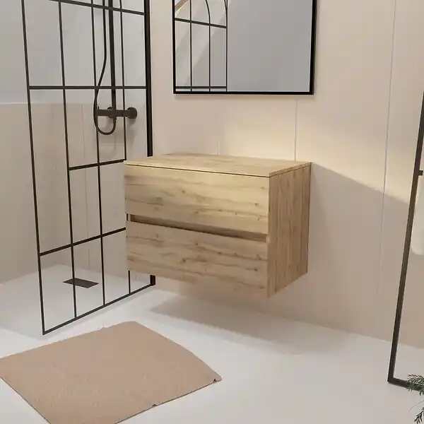 Meuble de Salle de Bains 80 cm à Tiroirs avec Plan Finition Chêne Naturel - TIMBER AURLANE Acheter Direct