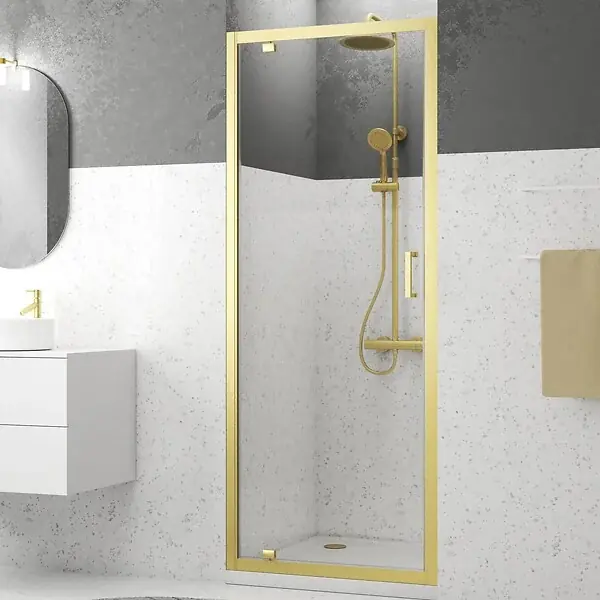 Porte de douche Pivotante 80x200cm - Profilés Or Doré Brossé - Verre Trempé 6mm - GOLDY CRUSH AURLANE Affaire À Saisir