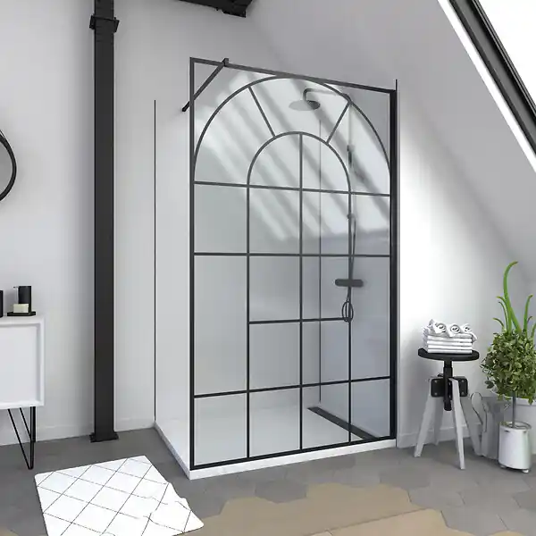 Solde Paroi de douche Déco 120x195cm Verre 5mm Sérigraphié - Barre de fixation Noir Mat AURLANE