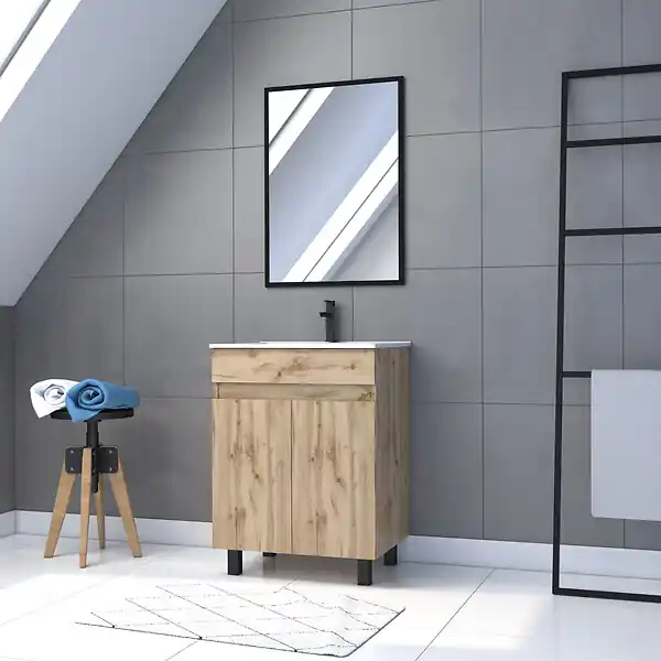 Meuble salle de bains 60cm décor chene naturel 2 portes - Vasque blanche et Miroir - TIMBER AURLANE Nouvelle Collection