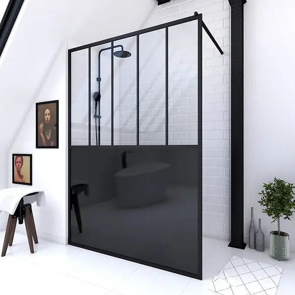Paroi de douche 140x200 cm type Verriere - Verre trempe et Structure aluminium noir mat AURLANE Top Vente