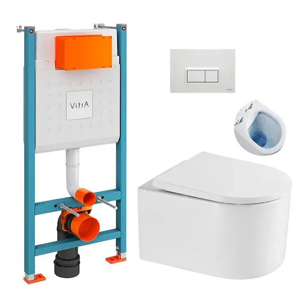 Usine Directe Vitra Pack WC Bâti-support V-Fix + WC sans bride SAT Delano + Abattant SoftClose + Plaque, Blanc Brillant (V-FixDelano-1)