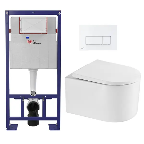 Super Prix Pack WC Bâti-support Autoportant + WC sans bride SAT Delano + Abattant SoftClose + Plaque Blanche (SMART-Delano-4) SWISS AQUA TECHNOLOGIES