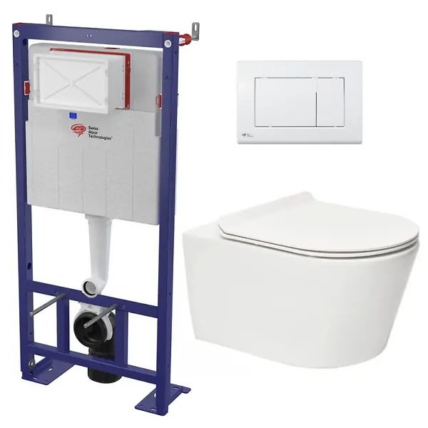 Pas Cher Pack WC bâti-autoportant + WC SAT sans bride fixations invisibles + Abattant softclose + Plaque blanche (SMART-Brevis-M270) SWISS AQUA TECHNOLOGIES