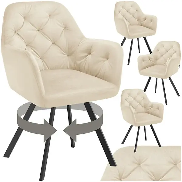 Top Vente Lot 4 fauteuils pivotants 180° velours rembourrés matelassés crème TECTAKE
