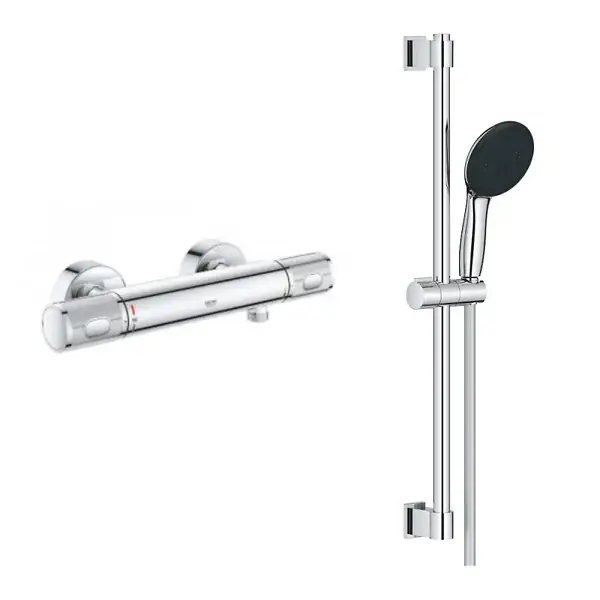 Mitigeur douche thermostatique mural Precision Feel + Ensemble de douche 2 jets avec barre Vitalio Start 100 Chrome GROHE Top Vente