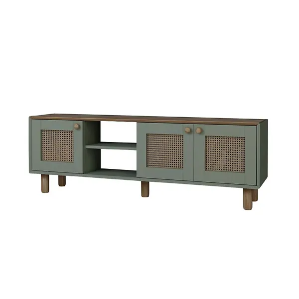 Acheter Direct Meuble TV en bois et cannage "Bohemian" - 160 x 40 x 56 cm - Vert HABITAT ET JARDIN