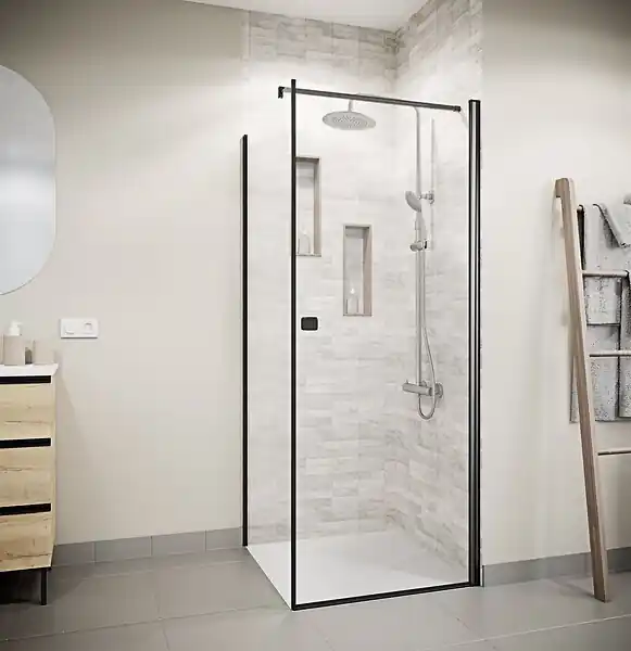Porte de Douche Pivotante 80x180cm et Retour 80cm - Profil Noir - Verre 5mm - DARK ELEMENTARY AURLANE Pas Cher