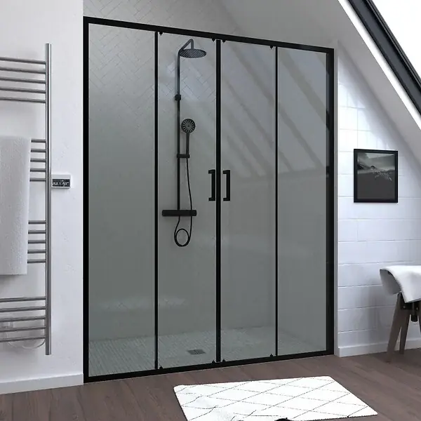 Porte de douche Double Coulissant 160x200 cm - Verre transparent - Profilé Noir - CRUSH AURLANE Affaire À Saisir