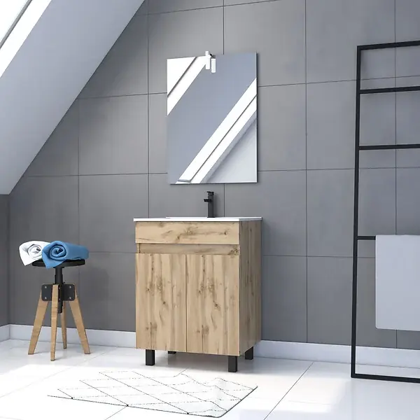 Pack Meuble SDB 60cm sur pieds 2 portes Chene_Vasque blanche + Miroir Led - TIMBER 60_Pack21 AURLANE Prix Réduit