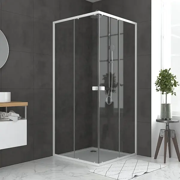 Pack porte de douche coulissante blanc de 78 à 90x185cm + receveur 80x80 - WHITY SLIDE AURLANE Offre Exclusive