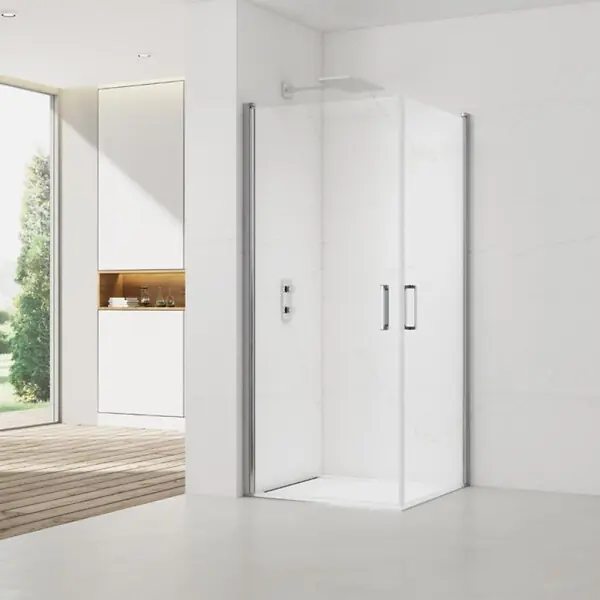Swiss Aqua Technologies Fusion Portes de douche acces en angle pivotantes 80x80cm anticalcaire avec profilés chrome brillant (SATFUD8080-SET) Vente Flash