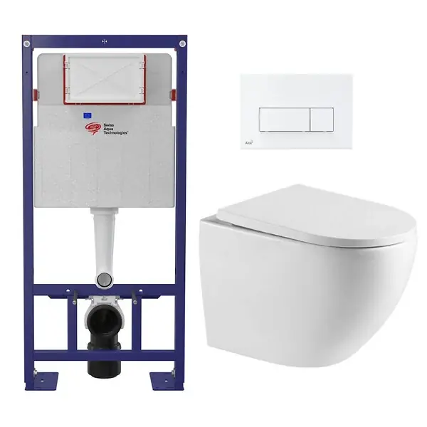 Offre Limitée Pack WC Bâti-support Autoportant + WC sans bride SAT + Abattant SoftClose + Plaque Blanche (SMART-FusionTQ-4) SWISS AQUA TECHNOLOGIES