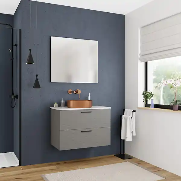 Soldes Ceramia Set complet 80 cm plan vasque blanc mat + meuble assemblé certifié FSC, gris foncé (CERAMIA-4DG80-S)