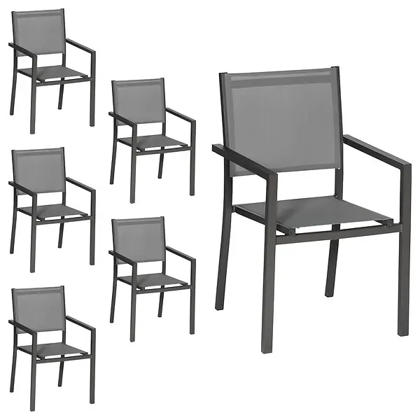 Expédié Aujourd'hui Lot de 6 chaises en aluminium anthracite - textilène gris HAPPY GARDEN