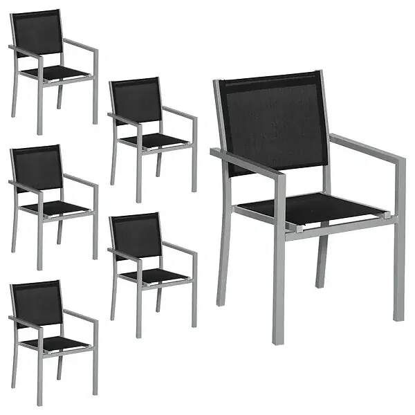 Lot de 6 chaises en aluminium gris - textilène noir HAPPY GARDEN Soldes