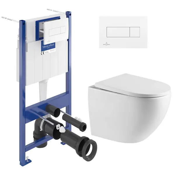 Pack WC Bâti-support Villeroy & Boch + WC sans bride SAT + Plaque de déclenchement double, Blanche (ViConnectFusionTQ-2) Authentique