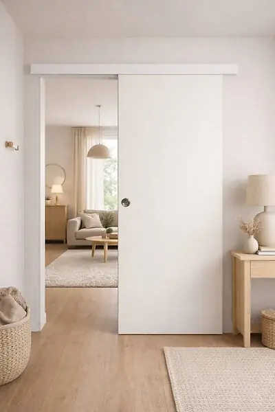 Porte Coulissante Blanc Pur Lacdor H204 x L83 cm, Rail alu Bandeau Blanc, coquilles GD MENUISERIES Achat Immédiat