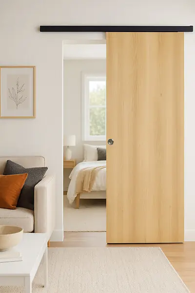 Porte Coulissante Décor Chêne Naturel Honey Oak H204 x L93 cm, Rail alu Bandeau noir, coquilles GD MENUISERIES Retour Gratuit