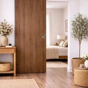 Nouvel Arrivage Porte Coulissante Décor Noyer Light Walnut H204 x L93 cm, Rail alu Bandeau noir, coquilles GD MENUISERIES