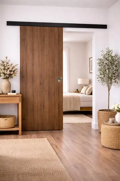 Nouvel Arrivage Porte Coulissante Décor Noyer Light Walnut H204 x L93 cm, Rail alu Bandeau noir, coquilles GD MENUISERIES