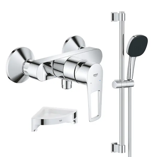 Pack mitigeur douche mécanique StartLoop + Ensemble de douche 2 jets avec barre + Tablette de douche d‘angle GROHE Commande En Gros