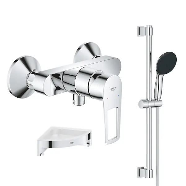 Bon Plan Pack mitigeur douche mécanique StartLoop + Ensemble de douche Start 2 jets avec barre + Tablette de douche d‘angle GROHE