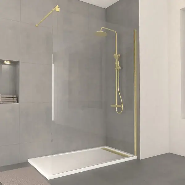 Paroi de Douche 140x200cm Verre Transparent - Barre de Fixation Extensible et Profil Or Brossé AURLANE Acheter Direct