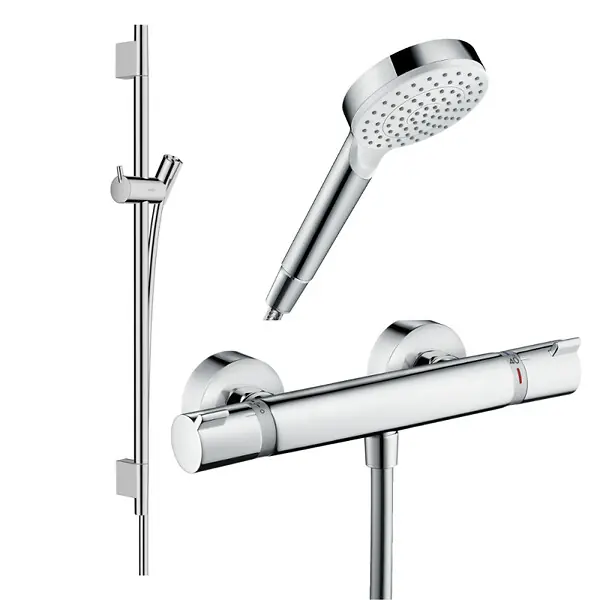 Dernière Chance Pack mitigeur douche thermostatique Ecostat Comfort + Barre Unica S Puro + flexible + Pommeau Crometta blanc/chromé HANSGROHE