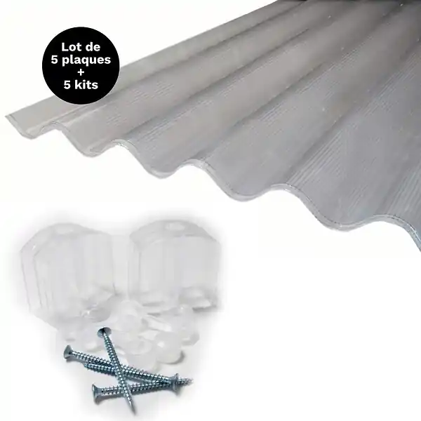 Lot 5 plaques polycarbonate ondulées alvéolaires GO177/51 mm + 5 kits de fixation Translucide, l.92cm, L.152cm MCCOVER Pas Cher