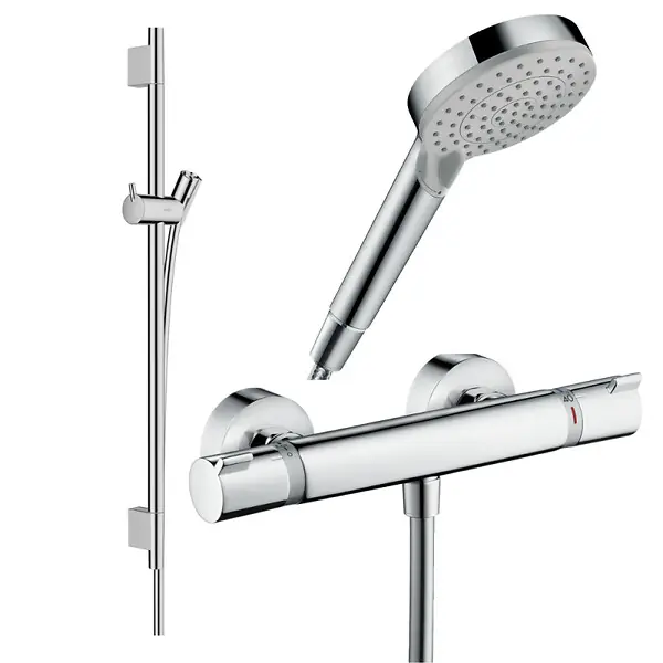 Marque Pack mitigeur douche thermostatique Ecostat Comfort + Barre Unica S Puro + flexible + Pommeau Vernis Blend Vario chromé HANSGROHE