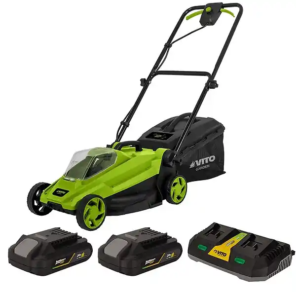 Nouvel Arrivage Tondeuse à gazon 20V - 2 Batteries lithium 2.0Ah Chargeur double Bac 30L Gazon 300m2 VITO