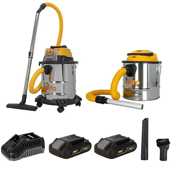 Vente Flash Pack 2 Aspirateurs 20V Eau Poussières Cendres + 2 Batterie lithium 2.0Ah + Chargeur Cuves INOX 20L et 12L VITO