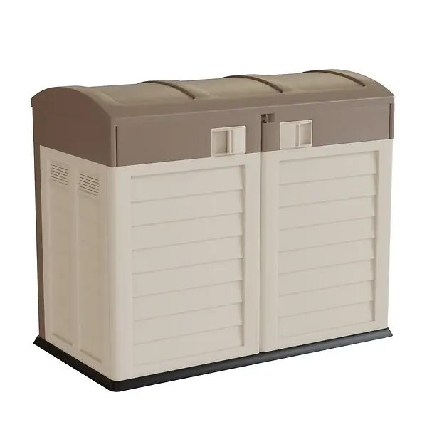 Prix Réduit Coffre Rangement Poubelle 1500L - Cache Poubelle de Tri Polypropylène Ecru Taupe - Coffre de jardin Verrouillable par Cadenas INTEC
