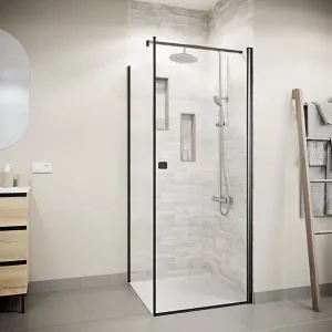 Porte de Douche Pivotante 80x180cm et Retour 90cm - Profil Noir - Verre 5mm - DARK ELEMENTARY AURLANE Nouvel Arrivage