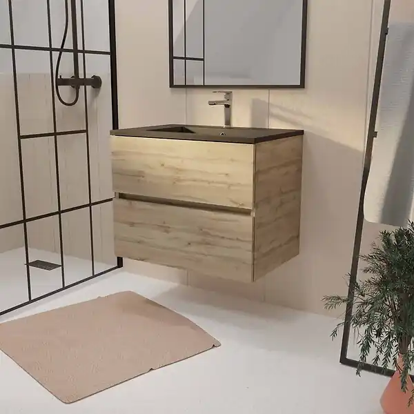 Meuble de salle de bains suspendu 70 cm TIMBER - Décor Chêne Naturel 2 tiroirs avec Vasque noire AURLANE Promotion Saisonnière