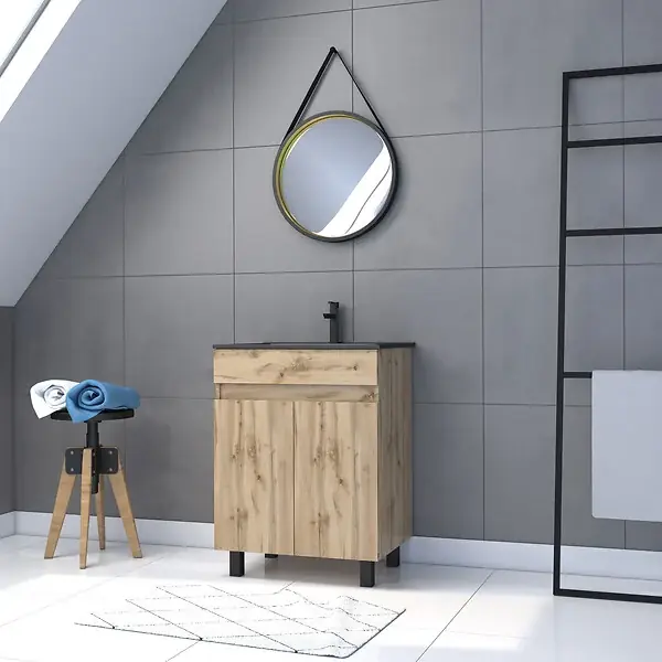 Pack Meuble SDB 60cm sur pieds 2 portes Chene_Vasque noire + Miroir Barber - TIMBER 60_Pack20 AURLANE Achat Immédiat