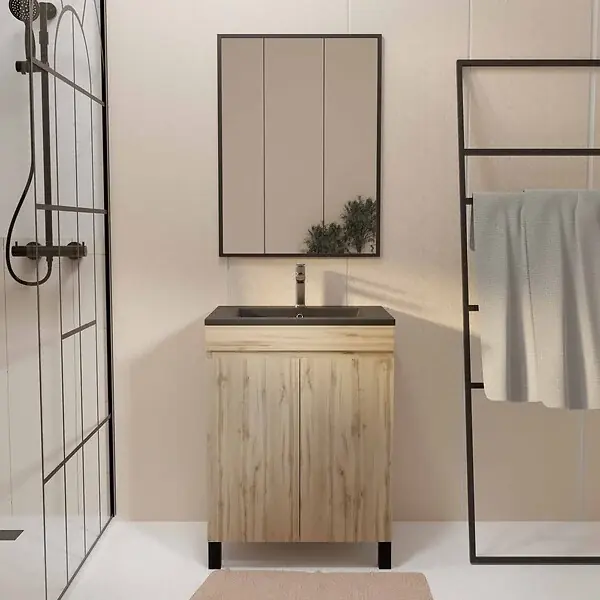 Meuble salle de bains 60cm décor chene naturel 2 portes - Vasque noire et Miroir - TIMBER AURLANE Produit De Marque