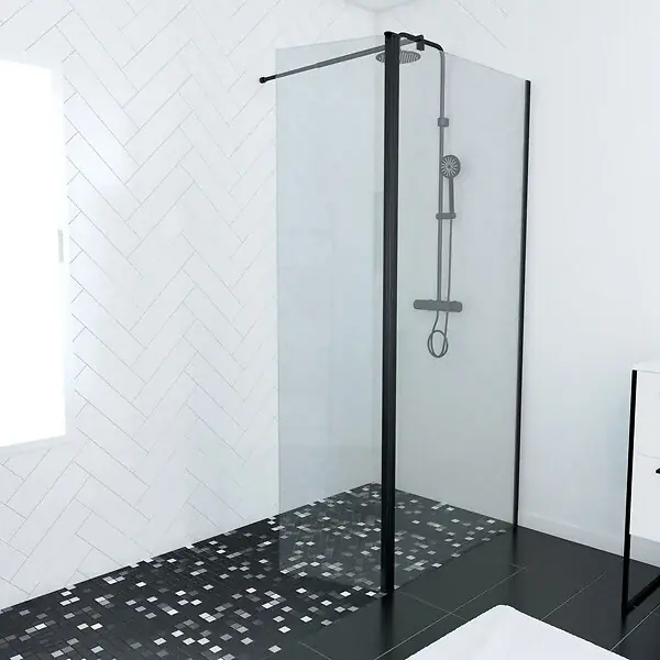 Solde Paroi de Douche et Volet Pivotant 90+40x200 cm - Verre Transparent - Barre de Fixation Noire AURLANE