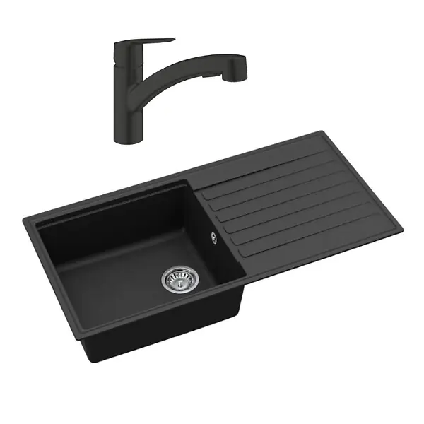 Swiss Aqua Technologies 100x50 cm évier avec égouttoir réversible en granite à encastrer + mitigeur monocommande avec douchette 2 jets, noir mat Soldes