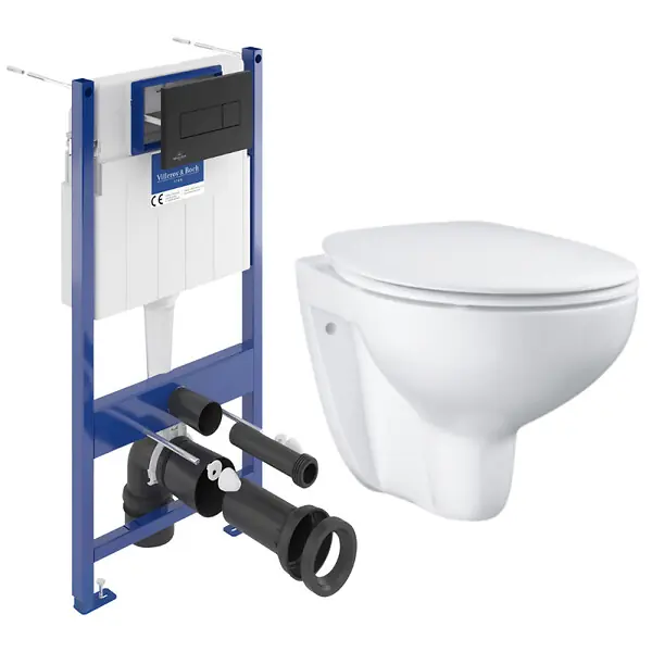 Dernier Modèle Pack WC Bâti-support sol mur Villeroy & Boch + WC sans bride Grohe Bau Ceramic + Abattant SoftClose + Plaque noire (VCNBAU4)