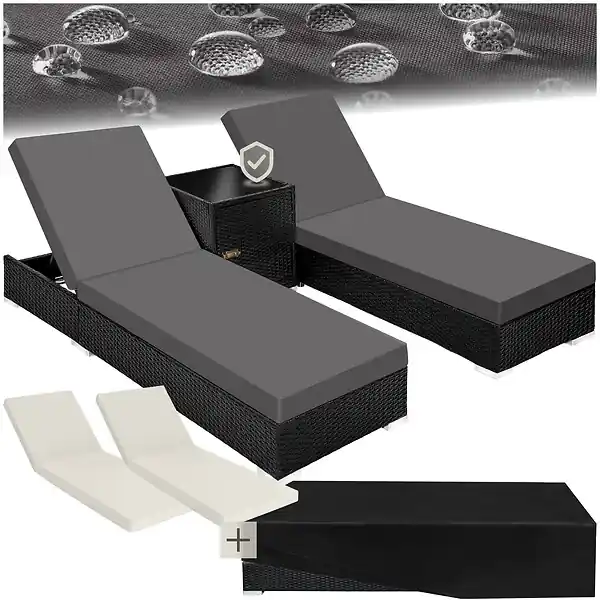 Solde Lot 2 chaises longues rotin aluminium noir avec table d appoint rangement 184x60x21 cm TECTAKE