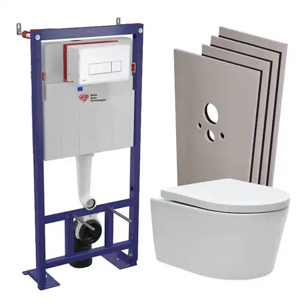 Must-Have Pack WC bâti-autoportant + WC SAT sans bride + Abattant softclose + Plaque blanche + Set d‘habillage SWISS AQUA TECHNOLOGIES