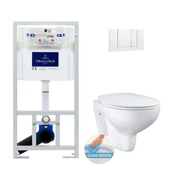 Pack WC bâti-support + Cuvette Bau sans bride + Abattant softclose + Plaque blanche (ViConnectBau-2) VILLEROY ET BOCH Retour Gratuit