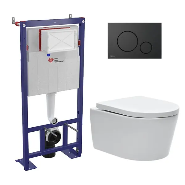 Swiss Aqua Technologies Pack WC bâti-autoportant + WC SAT sans bride fixations invisibles + Abattant softclose + Plaque noir mat (SMART-SATrimless-M678) Solde
