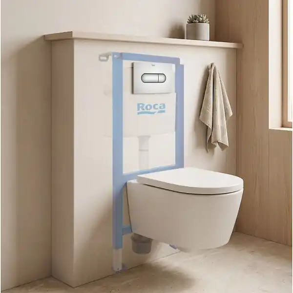 Remise Pack WC suspendu complet avec bâti-support Roca, cuvette compacte sans bride et abattant soft-close
