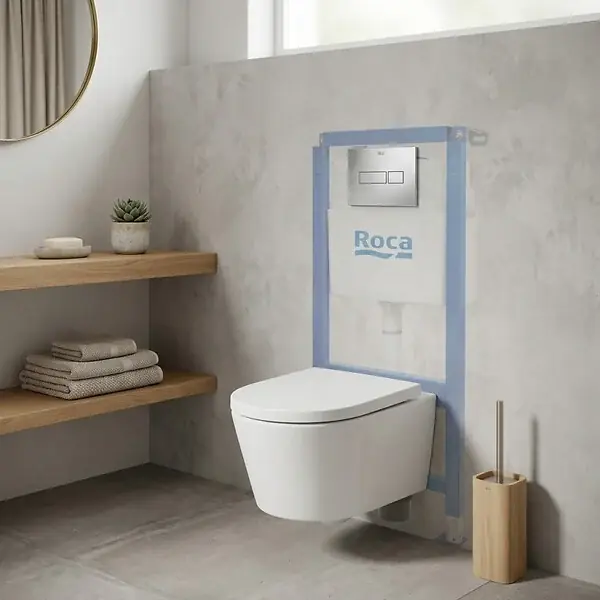 Pack WC suspendu complet avec bâti-support Roca, cuvette compacte sans bride et abattant soft-close Commande En Gros