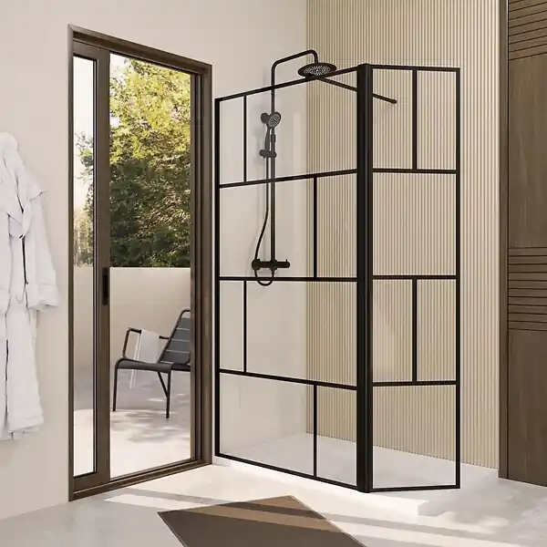 Retour Gratuit Paroi de Douche avec Volet Pivotant 120+40x195cm - Verre 8mm Anticalcaire - Motifs et Profilés Noir AURLANE